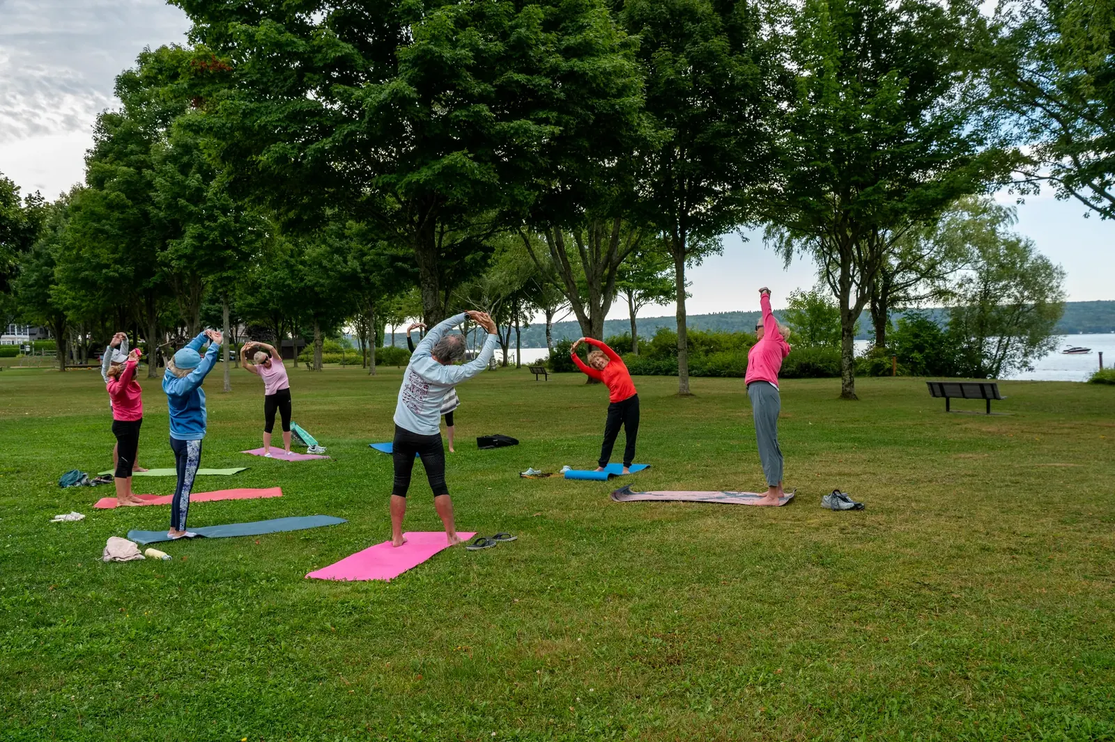 Cours de yoga en plein air dans le parc, face au lac